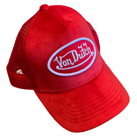 Von Dutch embroidered red suede trucker hat, one size *New*